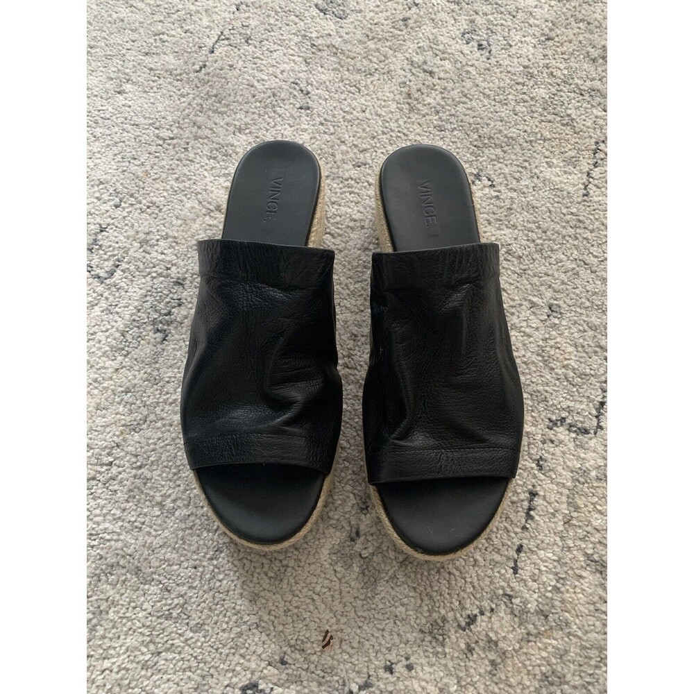 Vince Solana Black Leather Platform Espadrille Slide Sandals Size 10